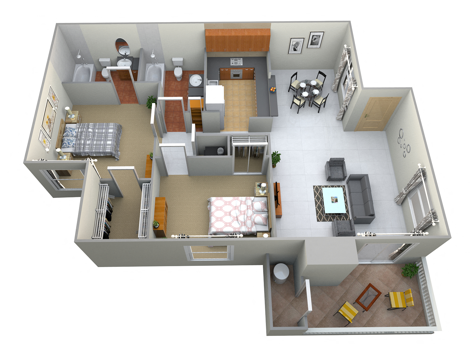 Floor plan for 2 beds, 2 baths, 941 sqft